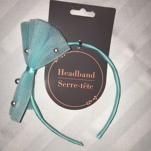 Girl headband with blue turquoise ribbon and pearls